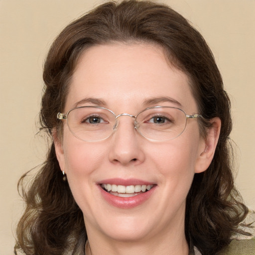 Joyful white adult female with medium  brown hair and grey eyes