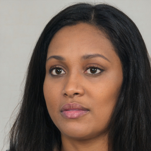 Neutral asian young-adult female with long  black hair and brown eyes