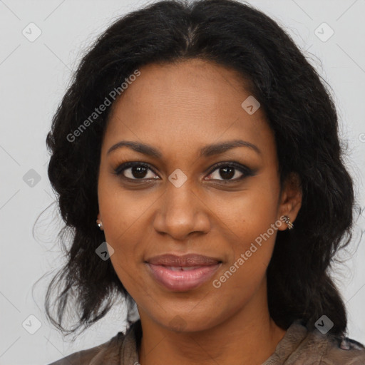 Joyful black young-adult female with medium  brown hair and brown eyes