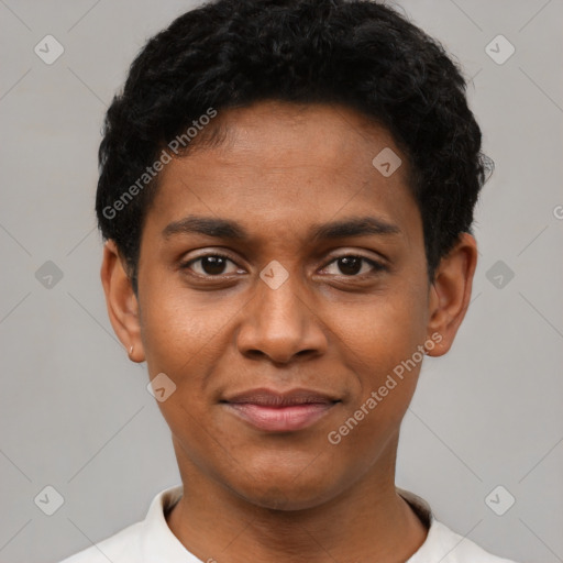 Joyful black young-adult male with short  black hair and brown eyes