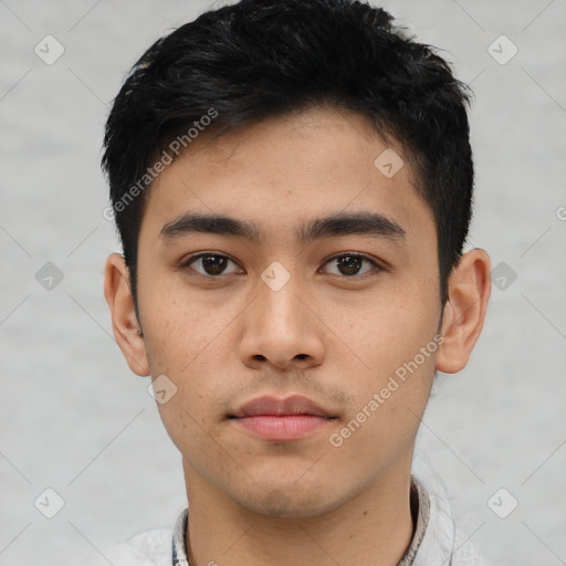 Neutral asian young-adult male with short  black hair and brown eyes