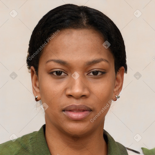 Neutral black young-adult female with short  black hair and brown eyes