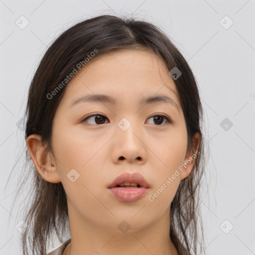 Neutral asian young-adult female with medium  brown hair and brown eyes