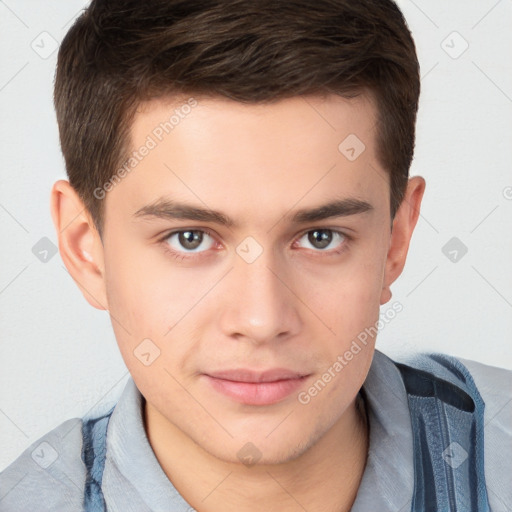 Neutral white young-adult male with short  brown hair and brown eyes