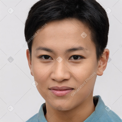Joyful asian young-adult female with short  brown hair and brown eyes