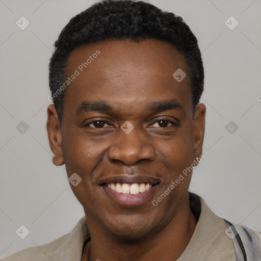 Joyful black young-adult male with short  black hair and brown eyes