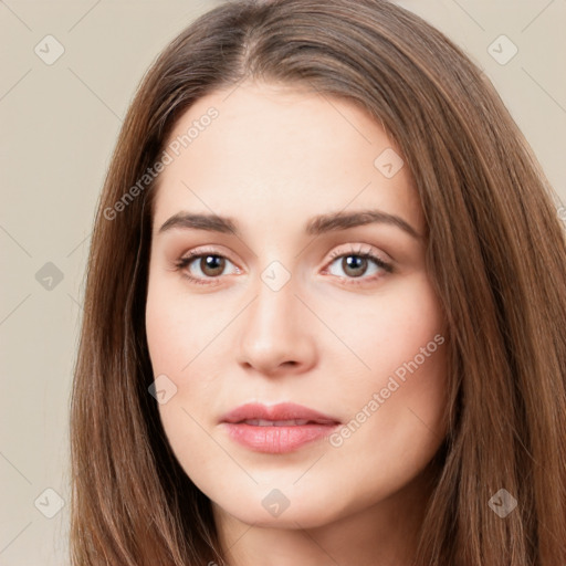 Neutral white young-adult female with long  brown hair and brown eyes