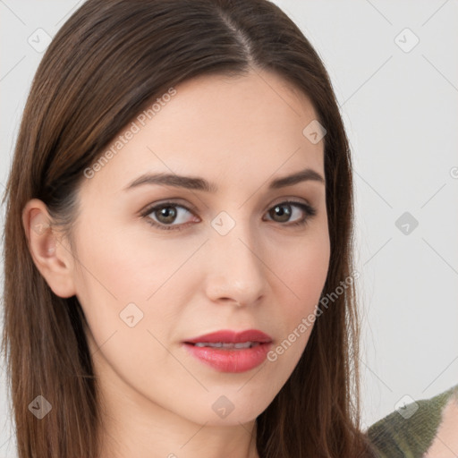 Neutral white young-adult female with long  brown hair and brown eyes