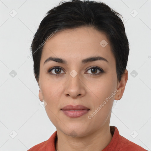 Joyful white young-adult female with short  black hair and brown eyes