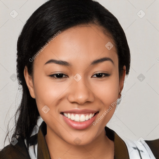 Joyful latino young-adult female with medium  black hair and brown eyes