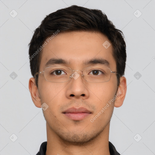 Neutral asian young-adult male with short  brown hair and brown eyes