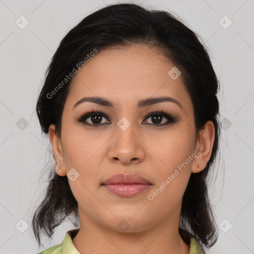 Joyful latino young-adult female with medium  brown hair and brown eyes