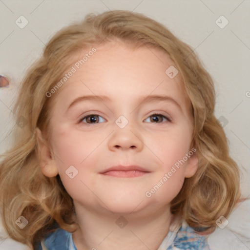 Neutral white child female with medium  brown hair and blue eyes