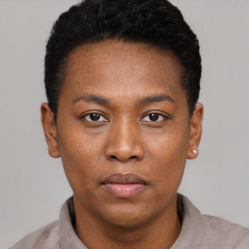 Neutral black young-adult male with short  black hair and brown eyes