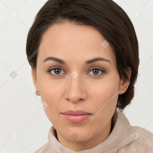 Neutral white young-adult female with medium  brown hair and brown eyes