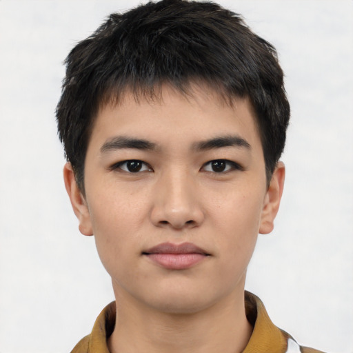 Neutral white young-adult male with short  black hair and brown eyes