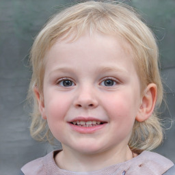 Joyful white child female with medium  brown hair and blue eyes