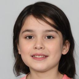 Joyful white child female with medium  brown hair and brown eyes