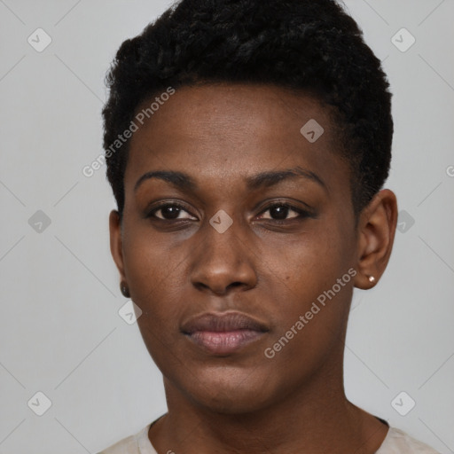 Neutral black young-adult female with short  black hair and brown eyes