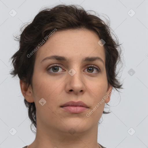 Neutral white young-adult female with short  brown hair and brown eyes