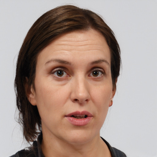 Neutral white adult female with medium  brown hair and brown eyes