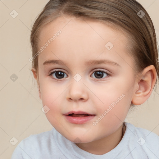 Joyful white child female with medium  brown hair and brown eyes