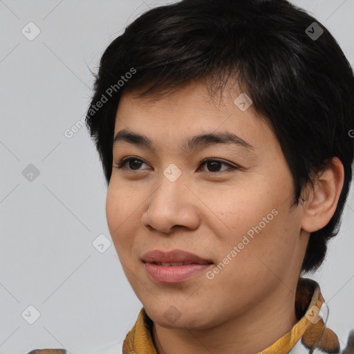 Joyful white young-adult female with medium  brown hair and brown eyes