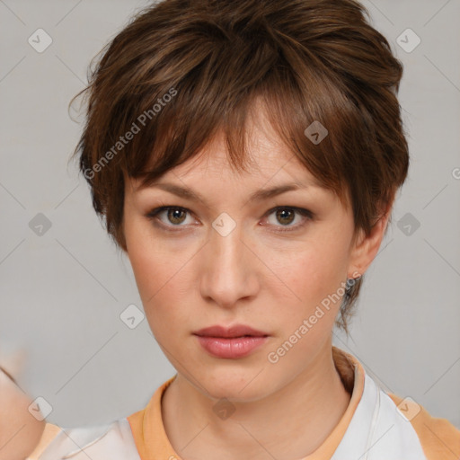 Neutral white young-adult female with medium  brown hair and brown eyes