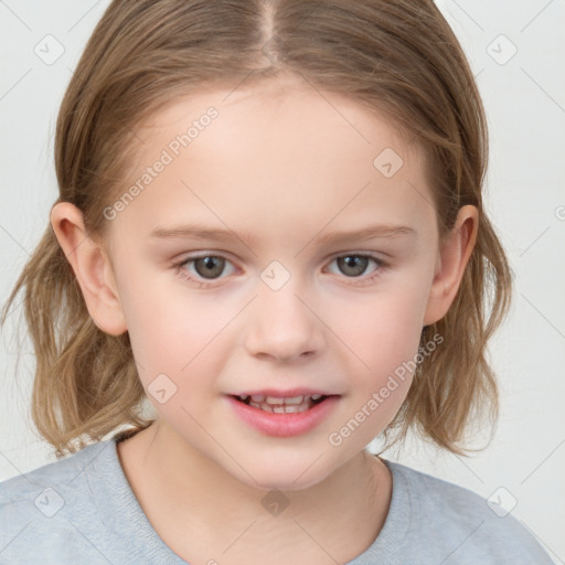 Joyful white child female with medium  brown hair and brown eyes