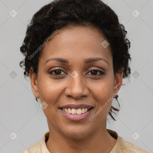 Joyful latino young-adult female with short  brown hair and brown eyes