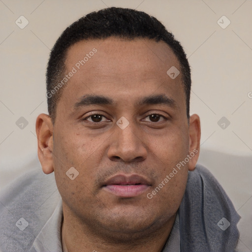 Neutral latino young-adult male with short  brown hair and brown eyes