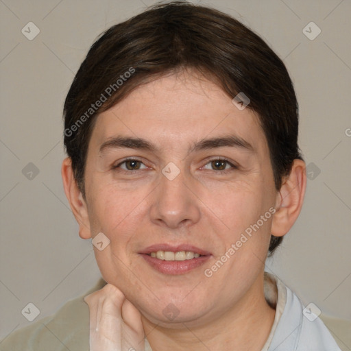 Joyful white adult female with short  brown hair and brown eyes