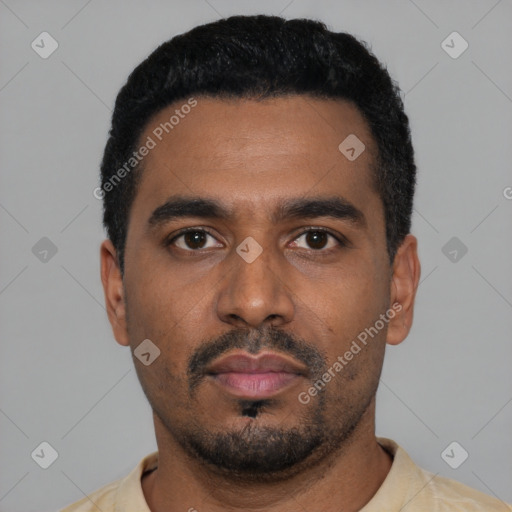 Neutral black young-adult male with short  black hair and brown eyes