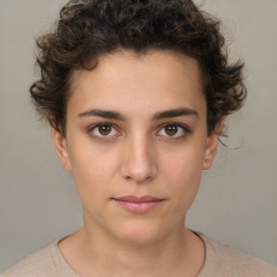 Neutral white young-adult female with short  brown hair and brown eyes