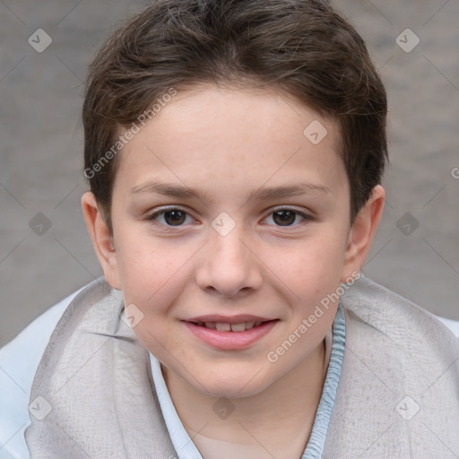 Joyful white child female with short  brown hair and brown eyes