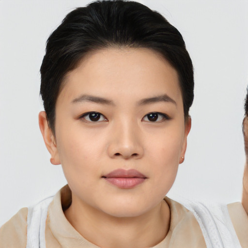 Neutral asian young-adult female with short  black hair and brown eyes