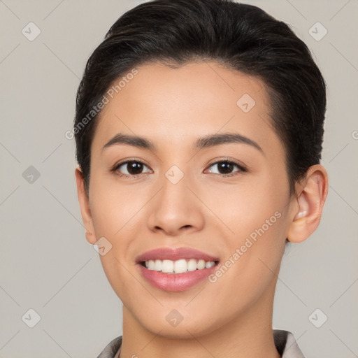 Joyful white young-adult female with short  brown hair and brown eyes