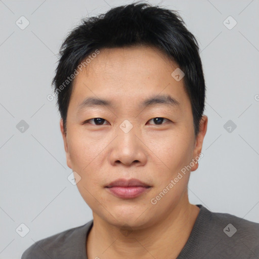 Neutral asian young-adult male with short  black hair and brown eyes