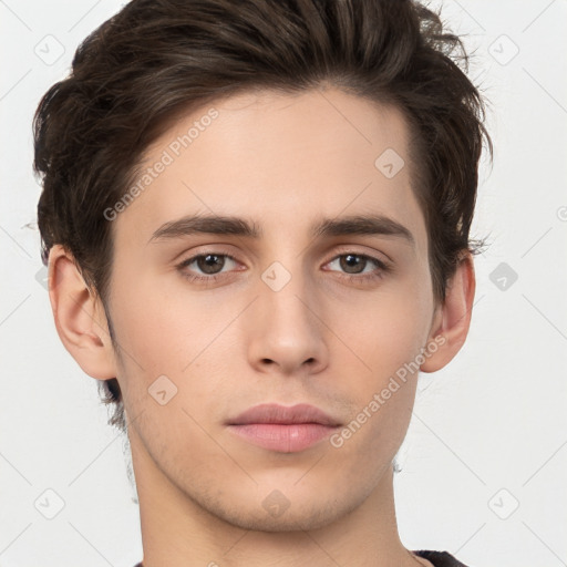 Neutral white young-adult male with short  brown hair and brown eyes