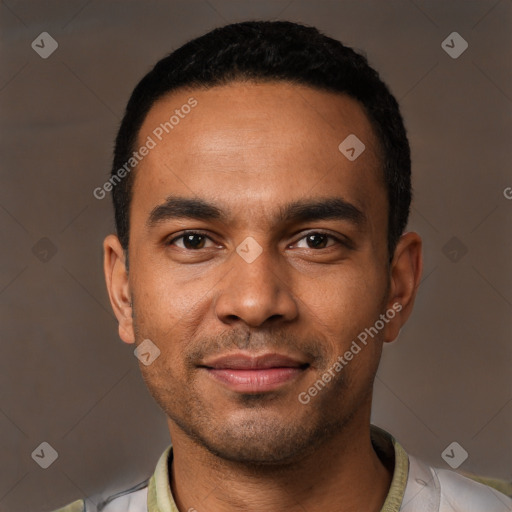 Neutral latino young-adult male with short  black hair and brown eyes