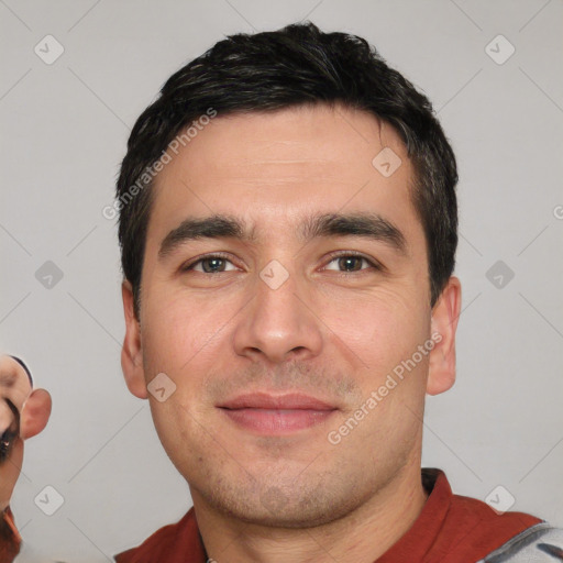 Neutral white young-adult male with short  black hair and brown eyes