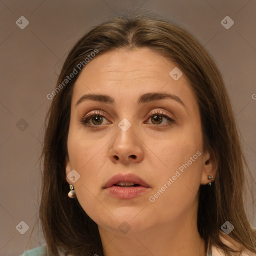 Neutral white young-adult female with long  brown hair and brown eyes