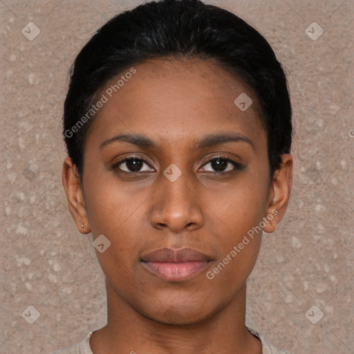 Neutral black young-adult female with short  black hair and brown eyes