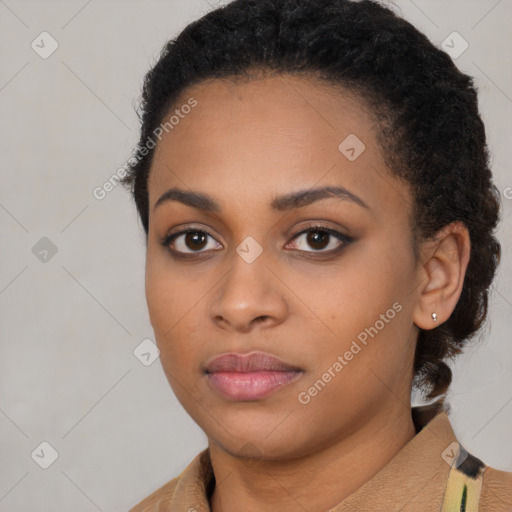 Neutral black young-adult female with short  black hair and brown eyes