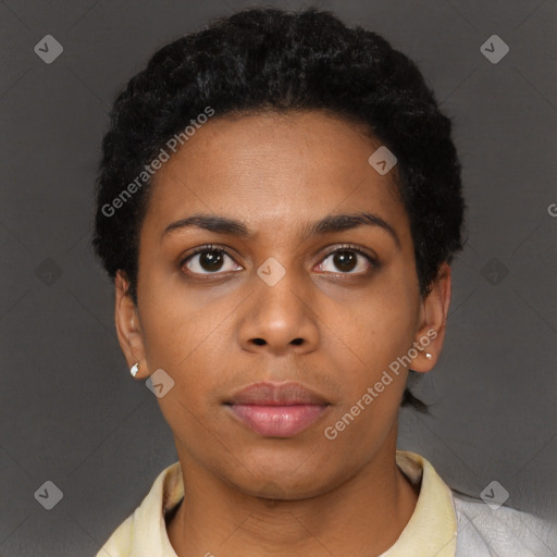 Neutral black young-adult female with short  black hair and brown eyes