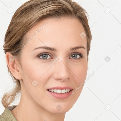 Joyful white young-adult female with medium  brown hair and blue eyes