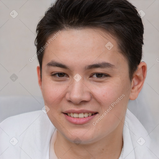 Joyful white young-adult female with short  brown hair and brown eyes