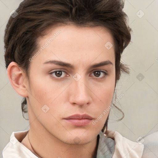 Neutral white young-adult female with short  brown hair and brown eyes