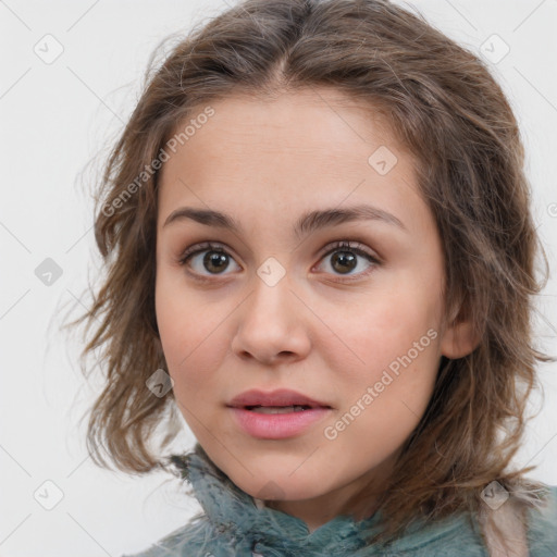 Neutral white young-adult female with medium  brown hair and brown eyes