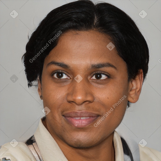 Joyful asian young-adult female with medium  black hair and brown eyes